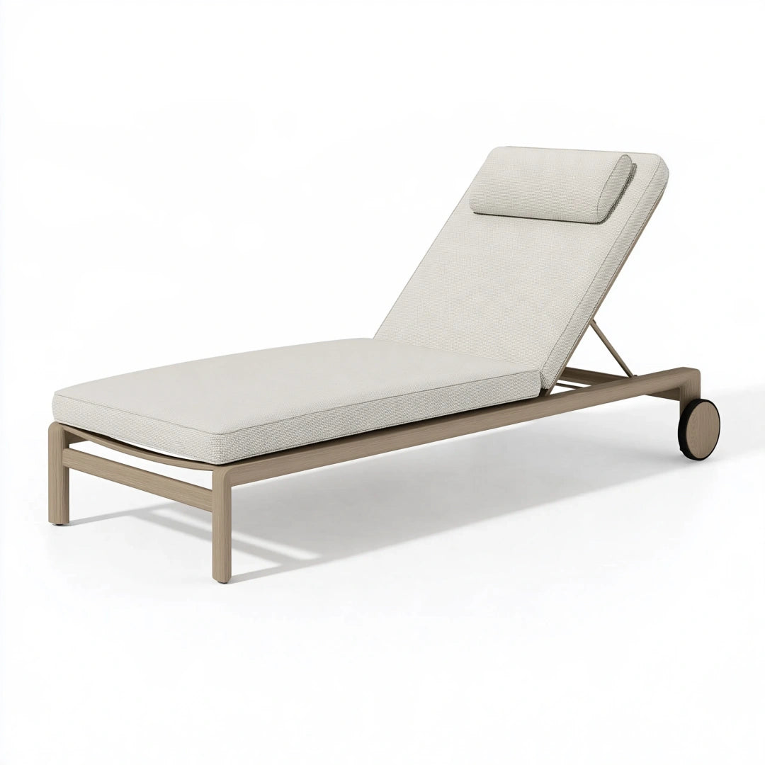 Gartenliege 200 x 70 x 92 cm aus Holz und Textil in Beige - verstellbar mit Rollen