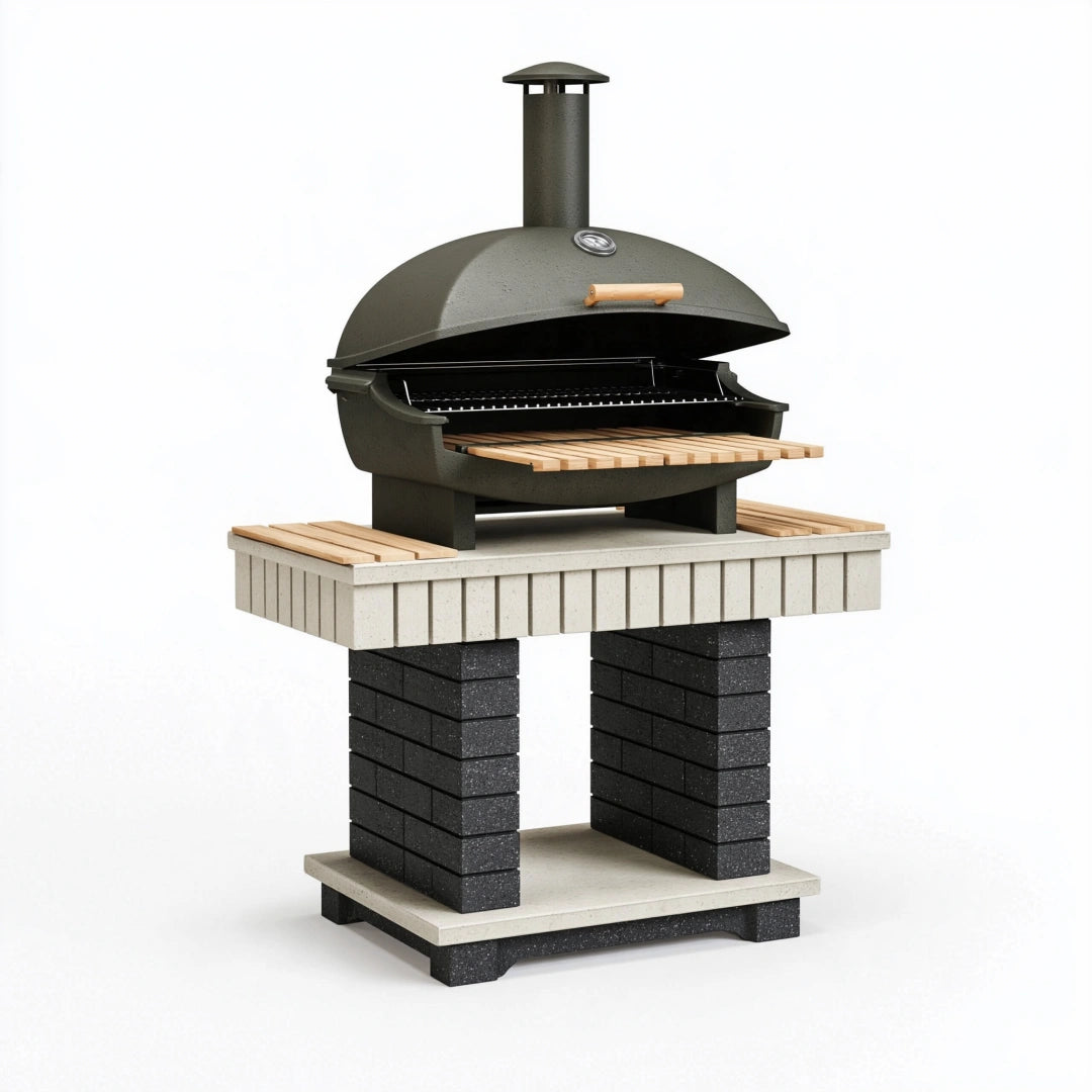 Grillkamin 110 x 70 x 190 cm aus Stahl und Beton in Schwarz Grau mit Haube und Schornstein
