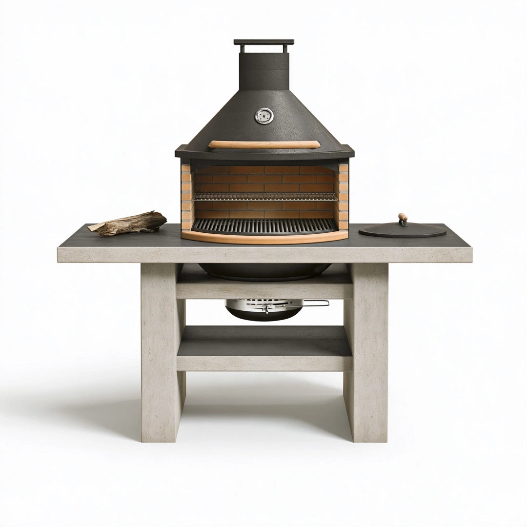 Gartengrill 150 x 70 x 210 cm aus Beton und Stahl Schwarz Grau mit Kamin für den Außenbereich