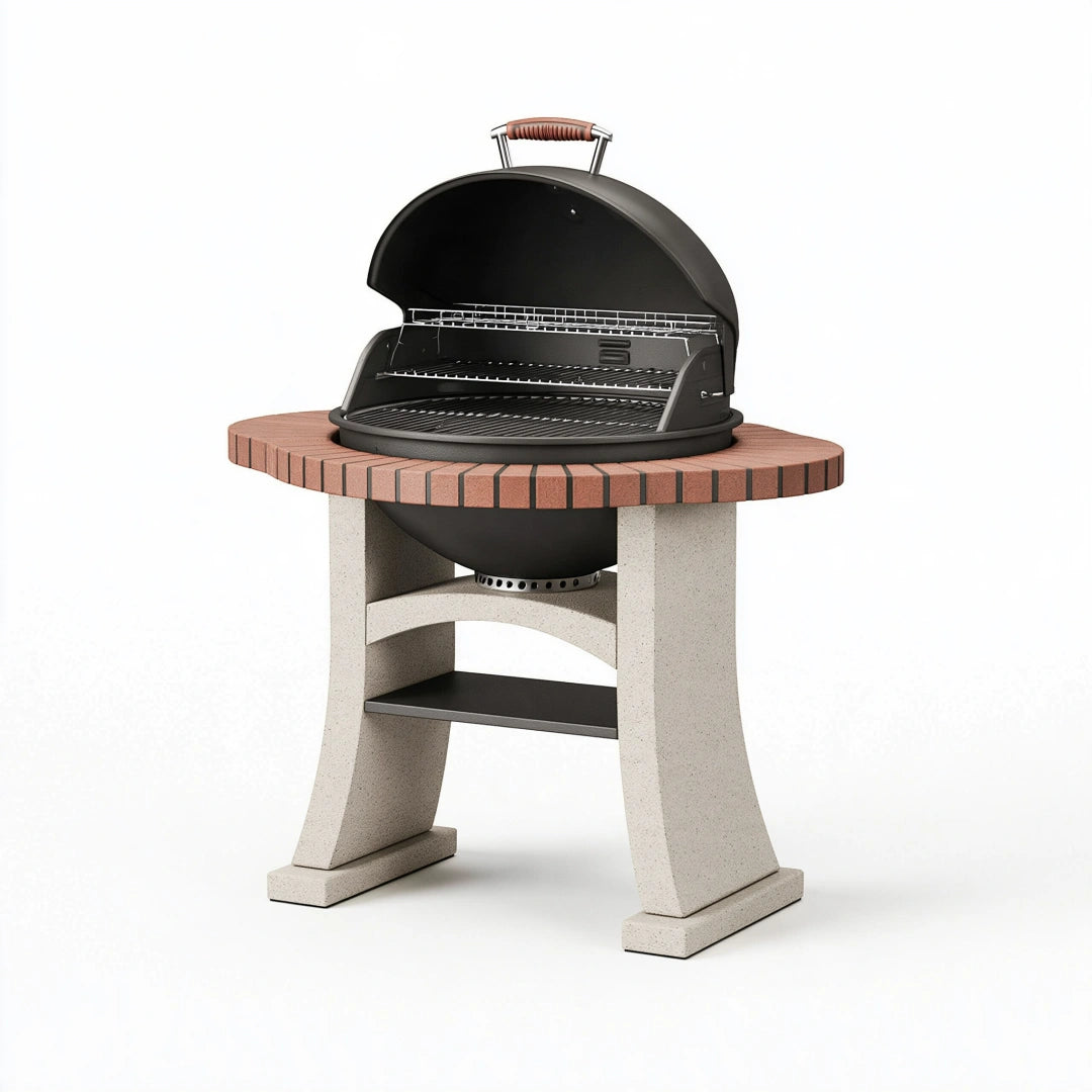 Grillstation 120 cm Schwarz Stahl mit rundem Grilltisch im modernen Stil