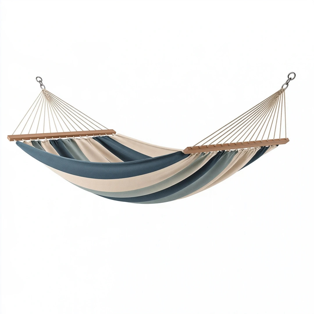 Hängematte 320 x 120 cm Baumwoll-Polyester Blau Beige mit Holzspreizstäben für Garten